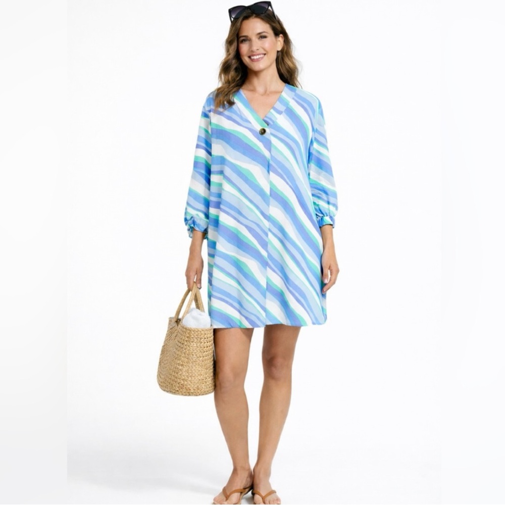NWT Sail to Sable Diagonal Stripe Tunic Dress Blue Green White Size Large🧡
